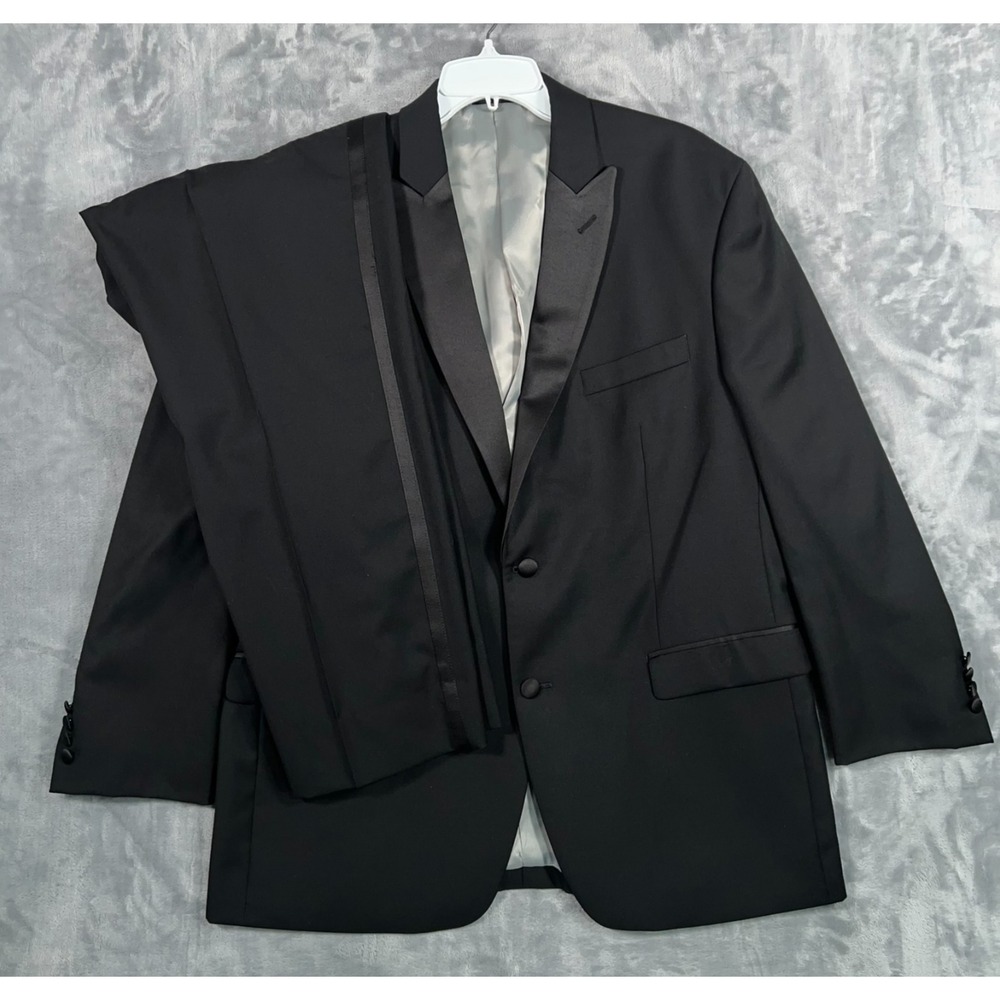 Calvin Klein 2 Piece Tuxedo Suit Mens 44R Jacket Blazer Black Wool Pants 38x30
